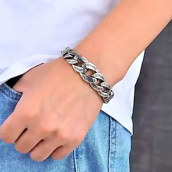 Stainless Steel Chain Link Bracelet, Mantra, Curb Hand Woven Engraved Byzantine